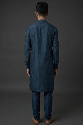 Navy blue silk kurta set for men's 2