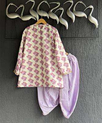 Off white purple printed cotton silk father son dhoti kurta combo set 4