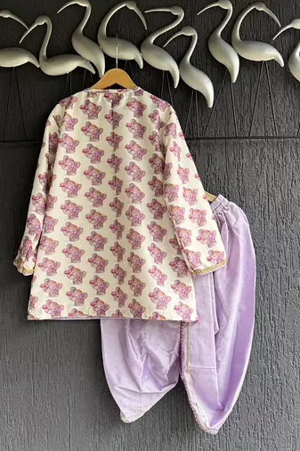 Off white purple printed cotton silk father son dhoti kurta combo set