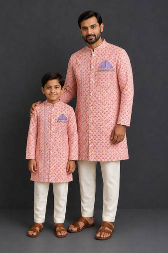 Peach pink printed cotton silk father son kurta combo set