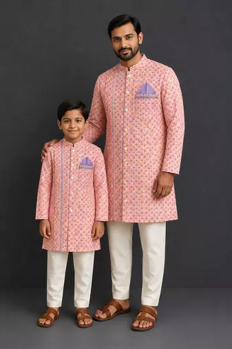 Peach pink printed cotton silk father son kurta combo set