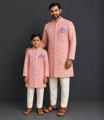 Peach pink printed cotton silk father son kurta combo set