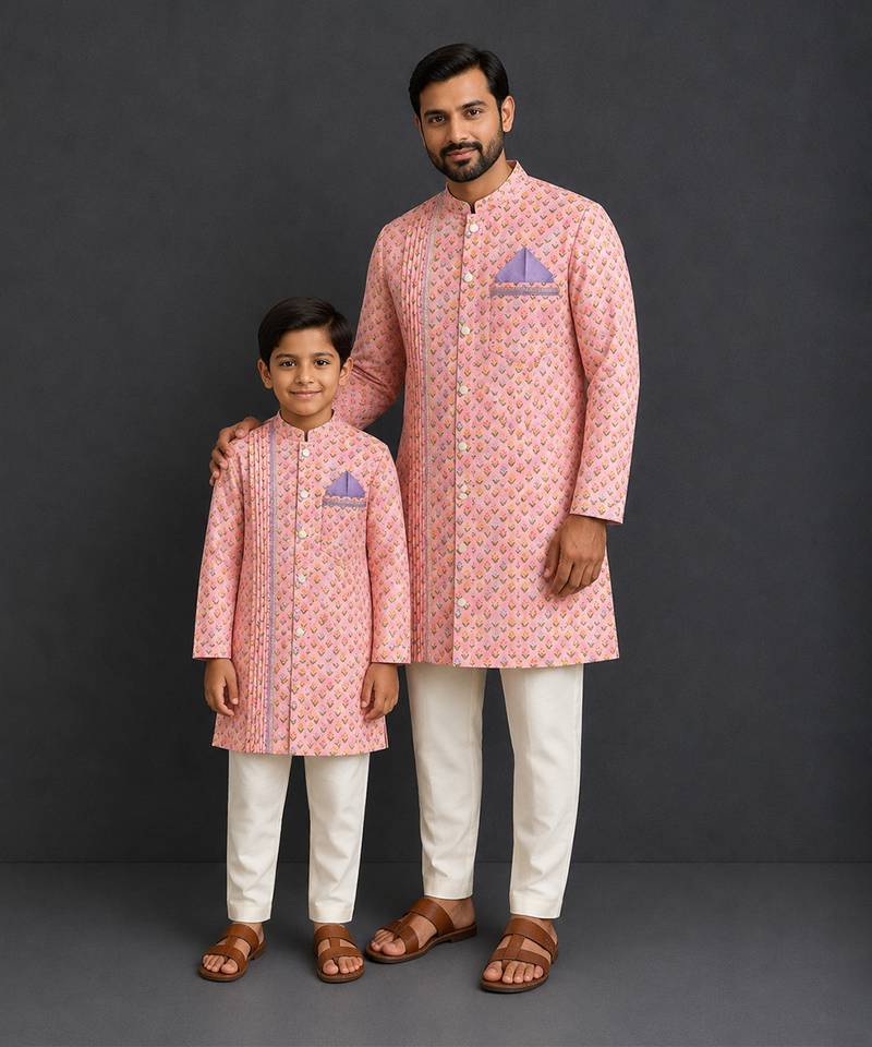 Peach pink printed cotton silk father son kurta combo set