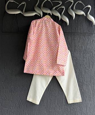 Peach pink printed cotton silk father son kurta combo set 2