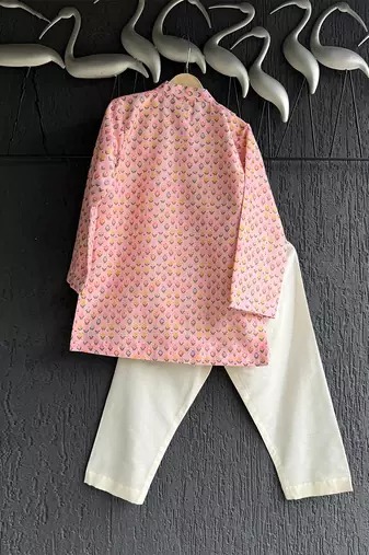 Peach pink printed cotton silk father son kurta combo set