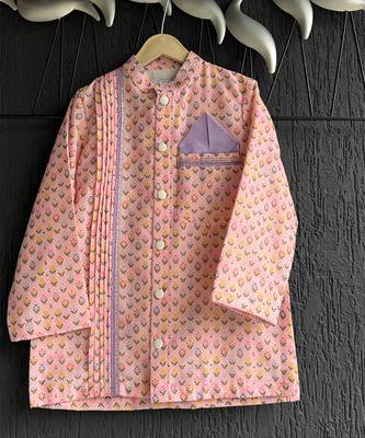 Peach pink printed cotton silk father son kurta combo set 3