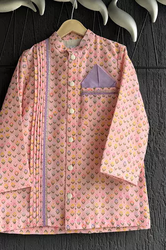 Peach pink printed cotton silk father son kurta combo set