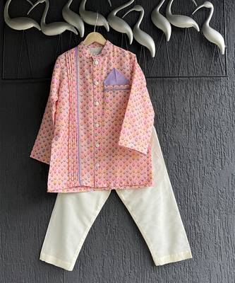 Peach pink printed cotton silk father son kurta combo set 4