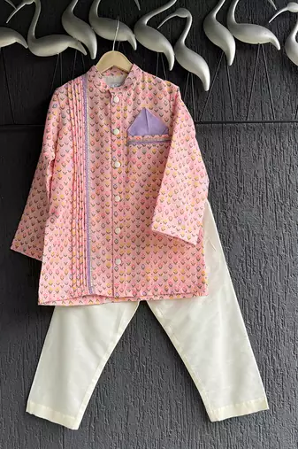 Peach pink printed cotton silk father son kurta combo set