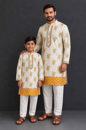 Off white yellow floral printed cotton silk father son kurta combo set