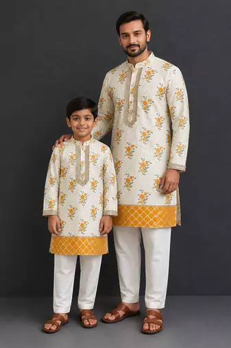 Off white yellow floral printed cotton silk father son kurta combo set