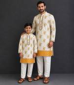Off white yellow floral printed cotton silk father son kurta combo set
