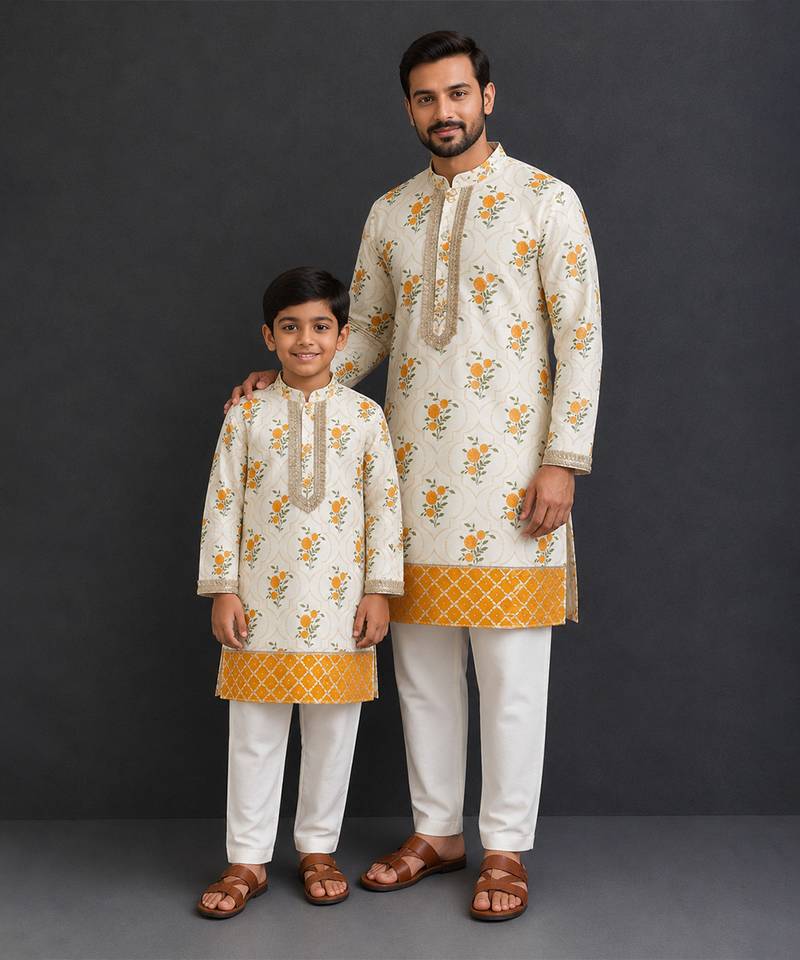 Off white yellow floral printed cotton silk father son kurta combo set