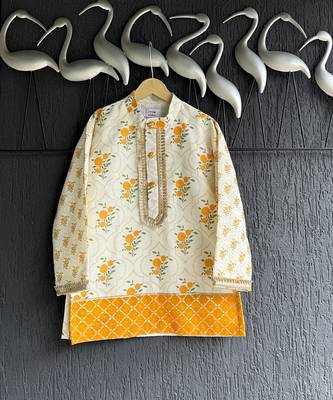 Off white yellow floral printed cotton silk father son kurta combo set 2