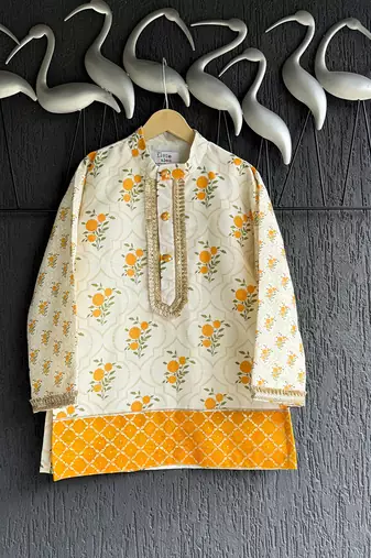 Off white yellow floral printed cotton silk father son kurta combo set