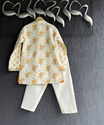 Off white yellow floral printed cotton silk father son kurta combo set 3