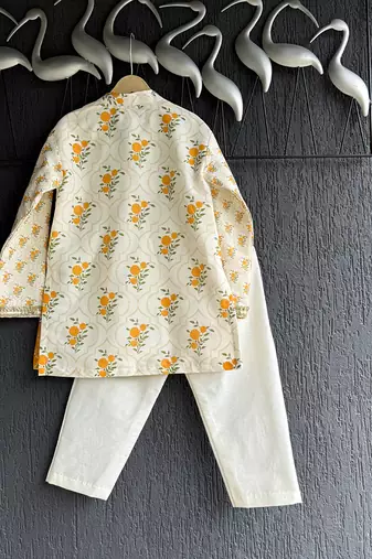Off white yellow floral printed cotton silk father son kurta combo set