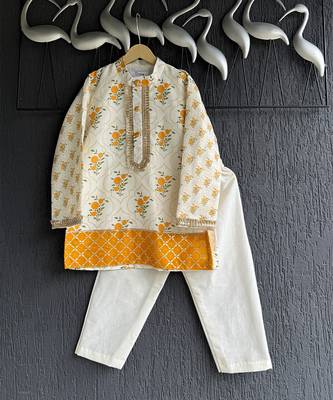 Off white yellow floral printed cotton silk father son kurta combo set 4