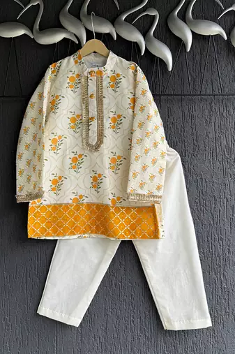 Off white yellow floral printed cotton silk father son kurta combo set
