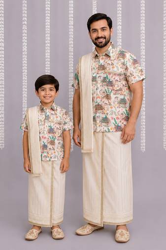 Off white printed cotton silk father son mundu combo set