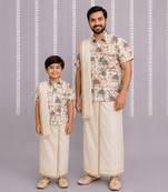 Off white printed cotton silk father son mundu combo set
