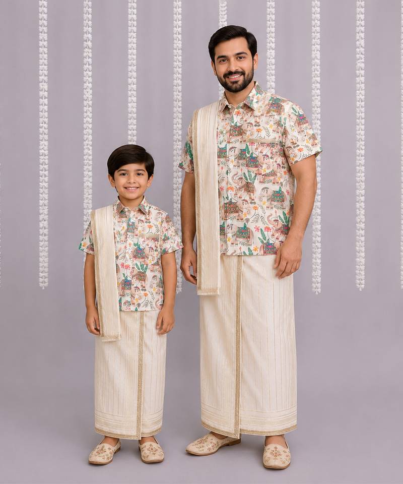 Off white printed cotton silk father son mundu combo set