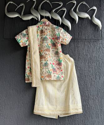 Off white printed cotton silk father son mundu combo set 2