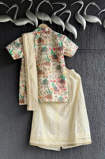 Off white printed cotton silk father son mundu combo set