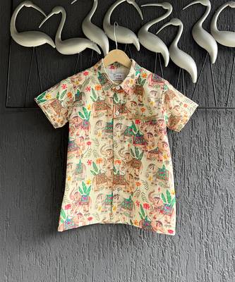 Off white printed cotton silk father son mundu combo set 3