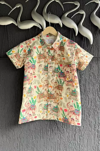 Off white printed cotton silk father son mundu combo set