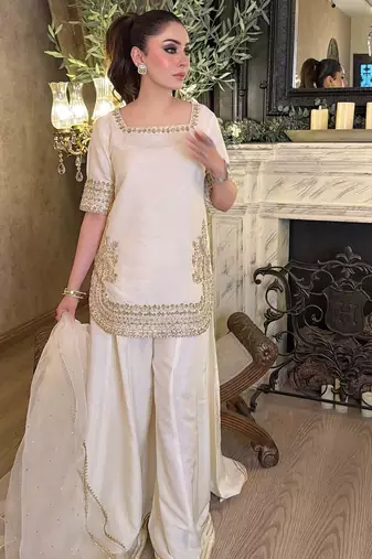 Women's Beautiful Embroidery Work Chinon Fabric Straight Kurta Palazzo and Dupatta Set