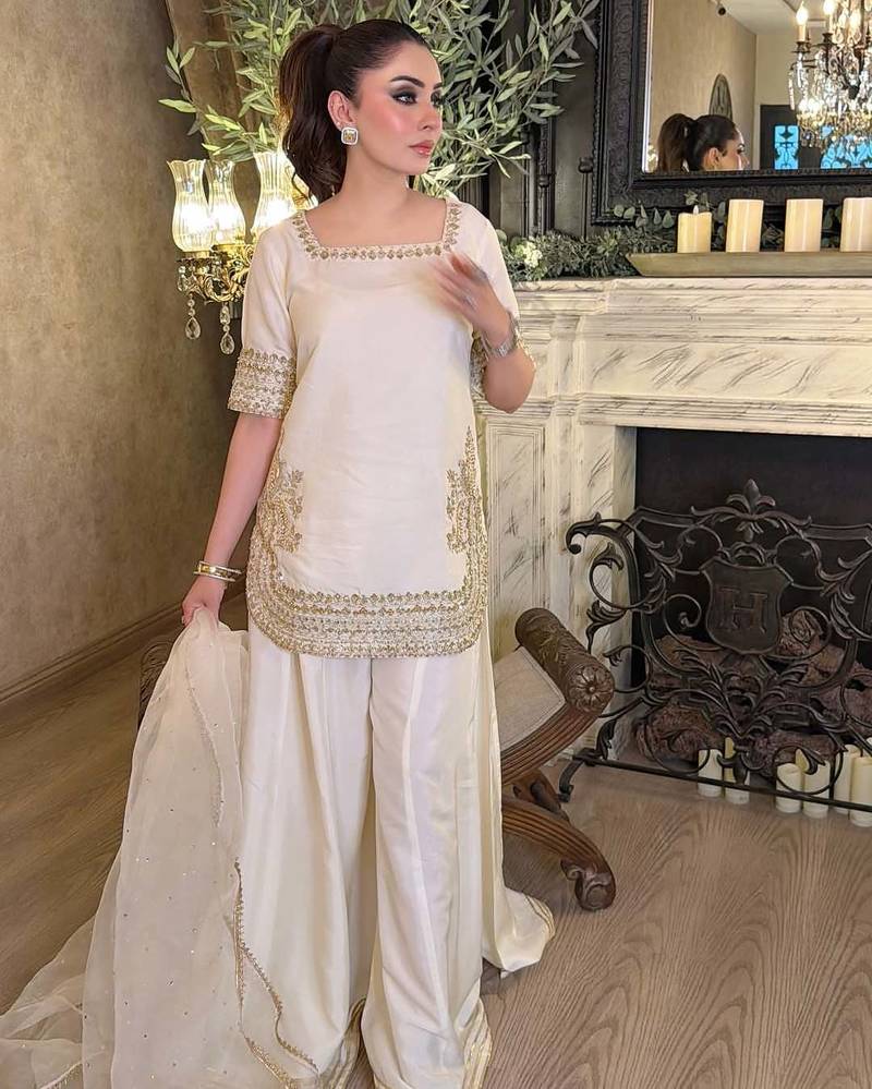 Women's Beautiful Embroidery Work Chinon Fabric Straight Kurta Palazzo and Dupatta Set