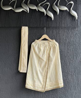 Off white printed cotton silk father son mundu combo set 4