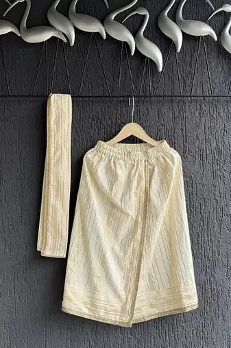 Off white printed cotton silk father son mundu combo set