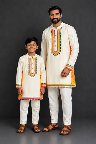 Off white embroidered cotton silk father son kurta combo set