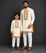 Off white embroidered cotton silk father son kurta combo set