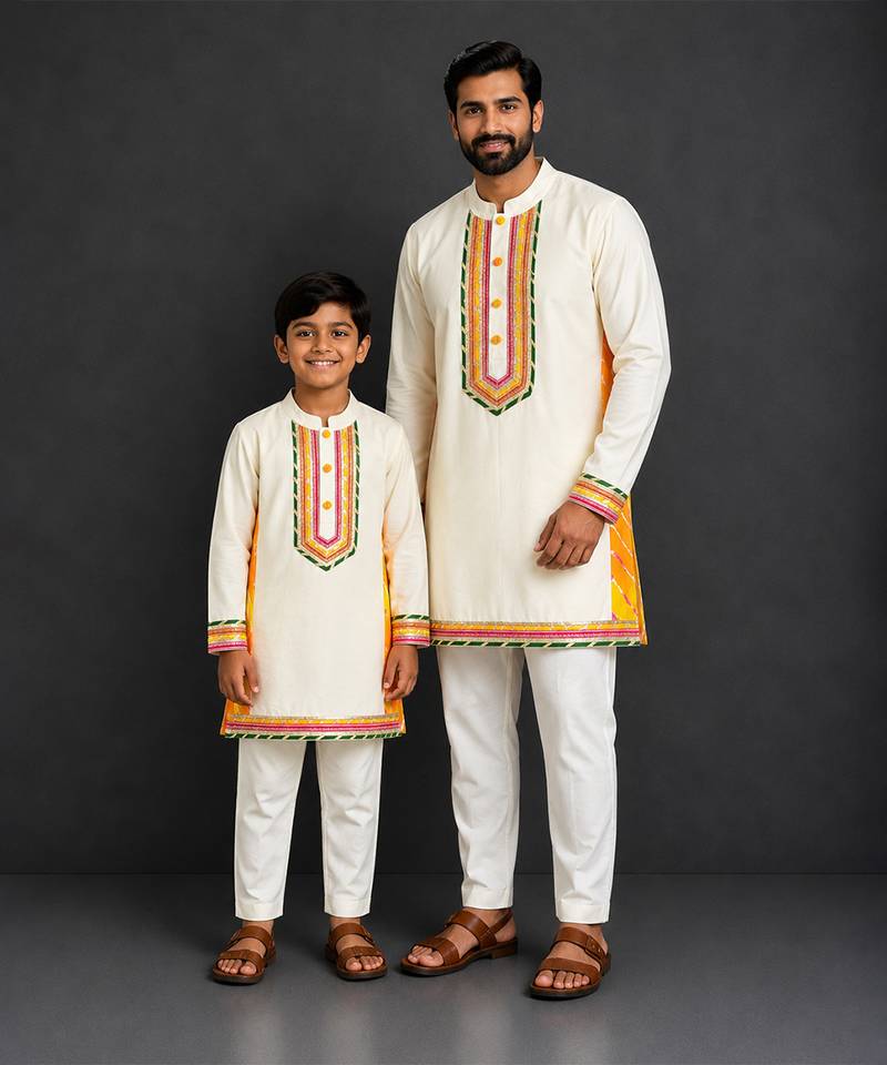 Off white embroidered cotton silk father son kurta combo set