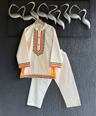 Off white embroidered cotton silk father son kurta combo set 4