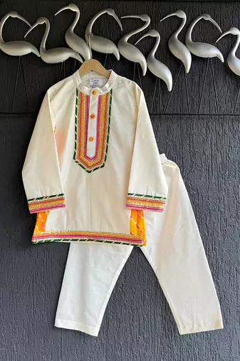 Off white embroidered cotton silk father son kurta combo set