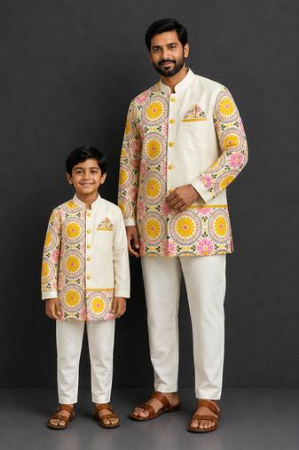 Off white yellow printed cotton silk father son kurta combo set