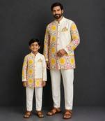 Off white yellow printed cotton silk father son kurta combo set