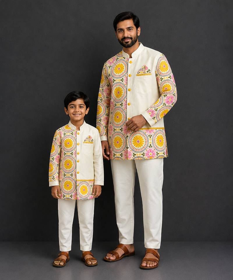 Off white yellow printed cotton silk father son kurta combo set