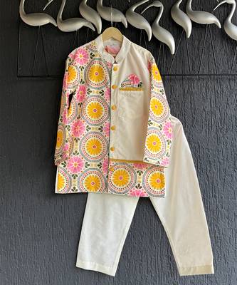 Off white yellow printed cotton silk father son kurta combo set 2