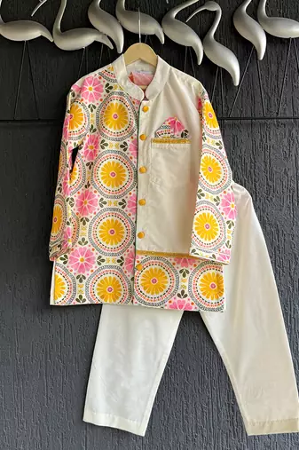 Off white yellow printed cotton silk father son kurta combo set
