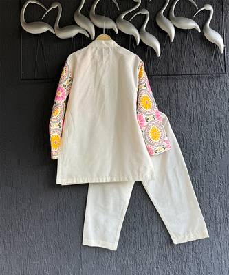 Off white yellow printed cotton silk father son kurta combo set 3