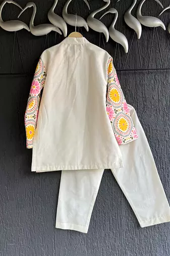 Off white yellow printed cotton silk father son kurta combo set