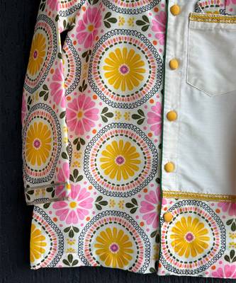 Off white yellow printed cotton silk father son kurta combo set 4