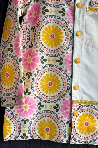 Off white yellow printed cotton silk father son kurta combo set