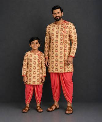 Gold printed cotton silk father son dhoti kurta combo set 1