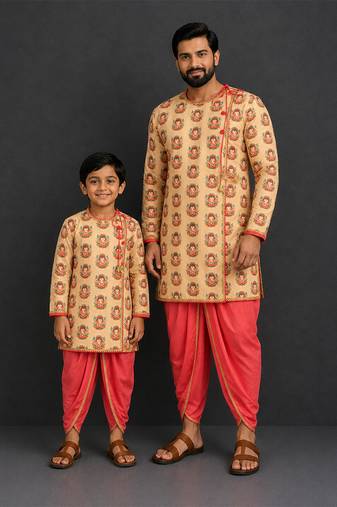 Gold printed cotton silk father son dhoti kurta combo set